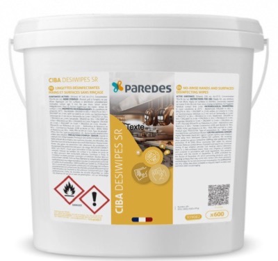 Lingettes désinfectantes sans rinçage Paredes Ciba Desiwipes SR seau de 600